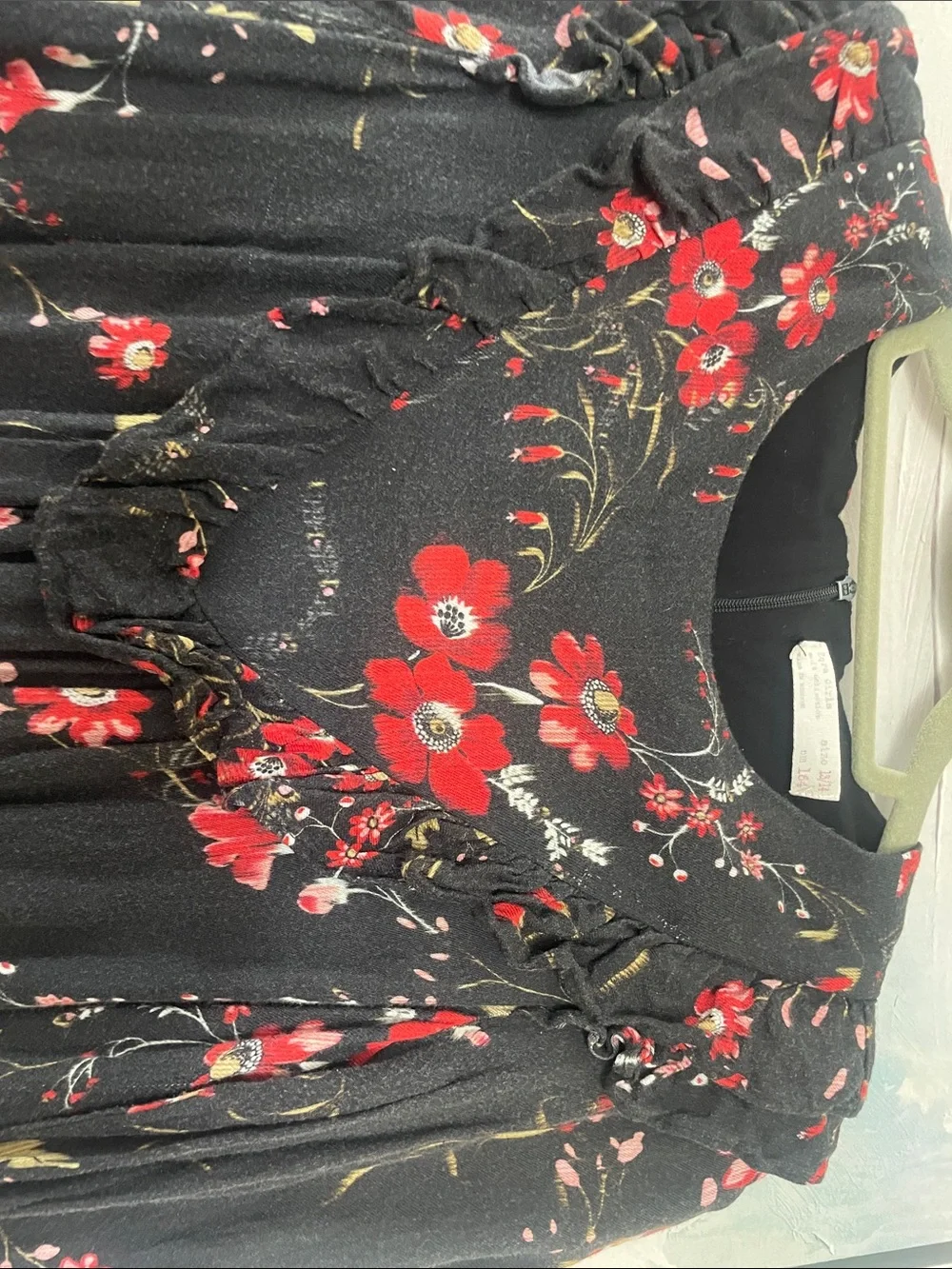 Zara Girls Black Floral Ruffle Midi Dress with Red and Olive Accents